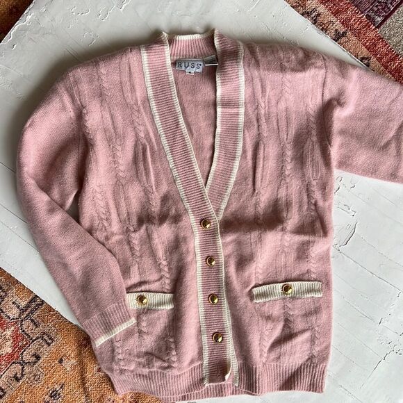 Vintage lambs wool rabbit hair small varsity pink sweater, rare fabric 80s era - Picture 1 of 5